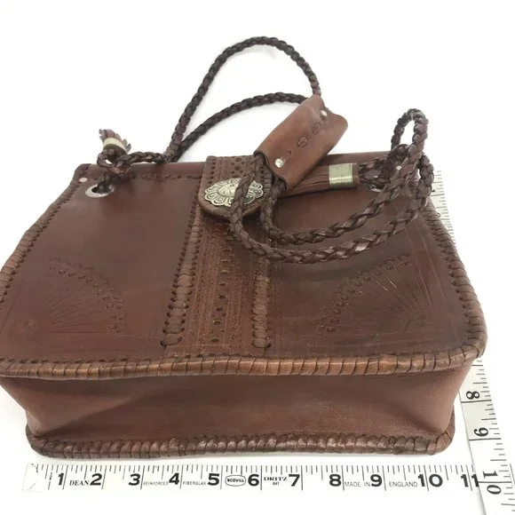 Brown Leather Southwestern Shoulder Bag Two Handle Concho Handmade Morocco - Picture 10 of 15